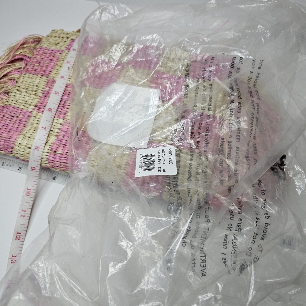 Poolside Clutch Natural/Pink Checkered Fringe Clutch Straw  NWT Upcycled Organic - Picture 13 of 13